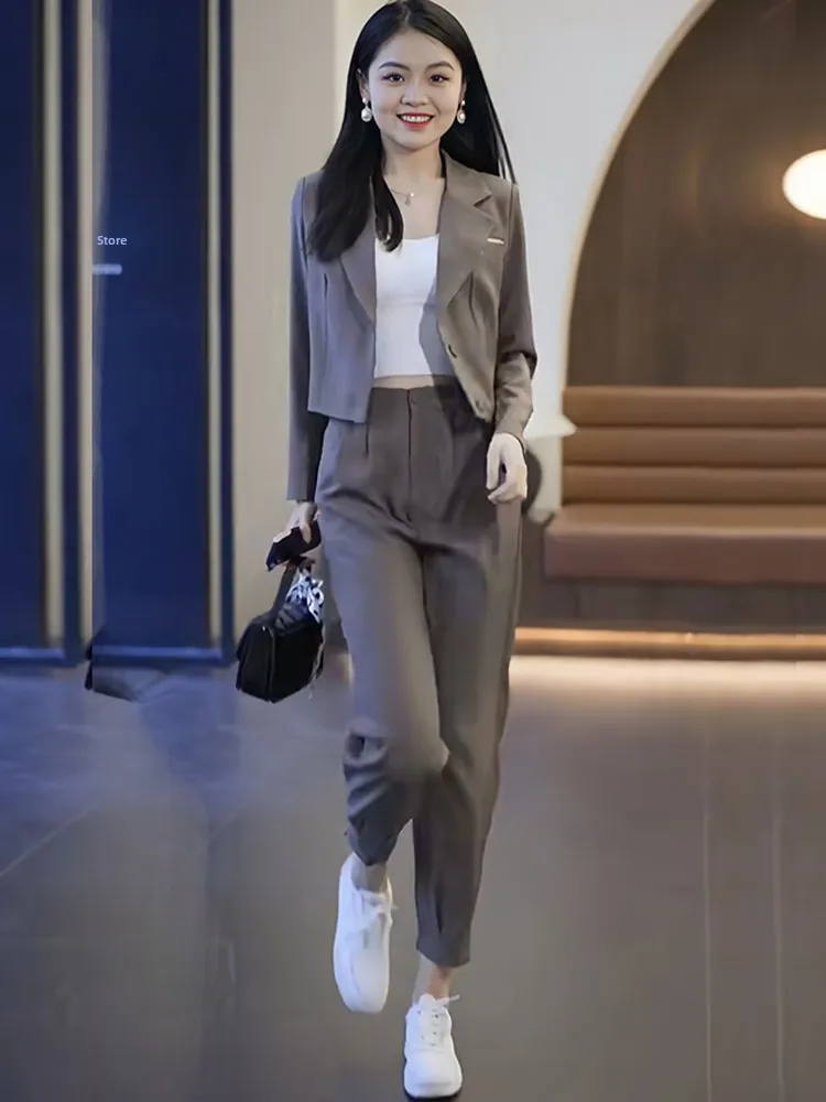 

Spring New Arrival Women's Casual Faion Set Two-Piece Profional Suit Long Sve Button-Up Cardigan And Nine-Piece Pants
