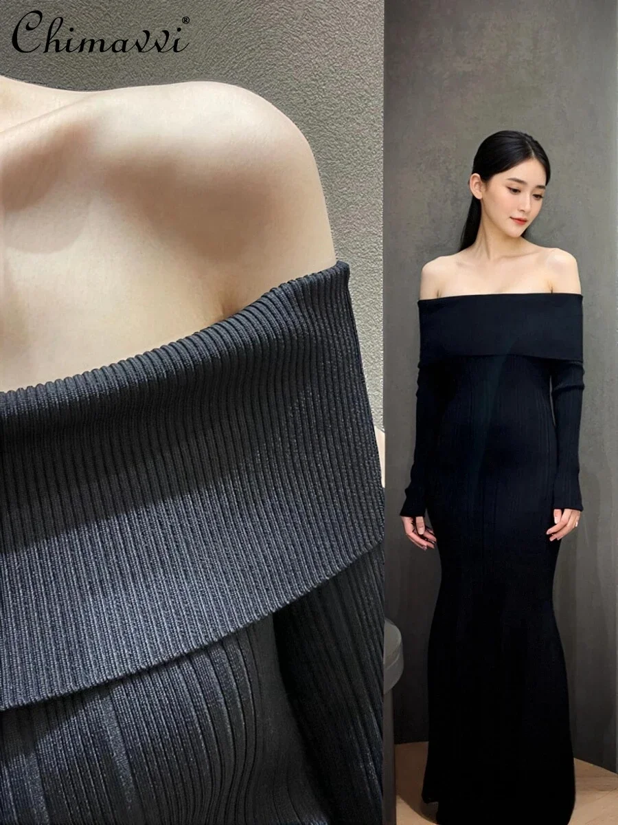 Hepburn Style Black Shoulder Knitted Dress Fashion Sexy Ladies Skinny Temperament Hip Wrap Long Fishtail Dresses Women Autumn