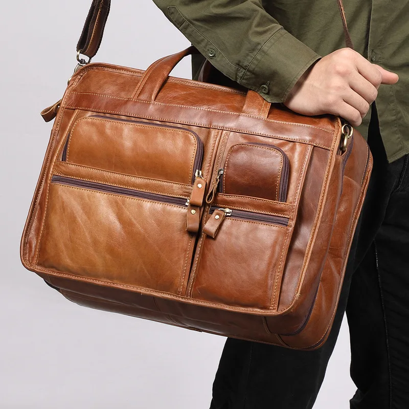 Leather men's briefcase briefcase 15.6 inches business computer handbag cowhide crossbody bag leather briefcase
