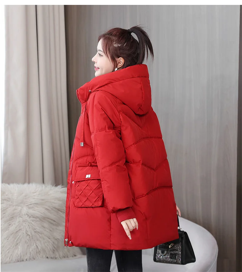 Winter Thick Warmth 2024 Hooded New Cotton Coat Winter Clothing Cotton Coat Women's Medium Long Loose Solid Color Cotton Coat