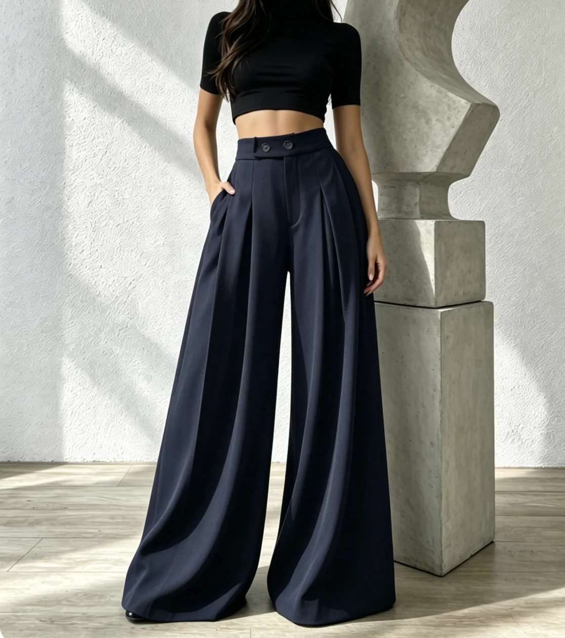 Women's High Waist Wide Waistband Double Button Pants Multi-Pleated Wide Leg Trousers Elegant Office Commuter Suit Pants Navy