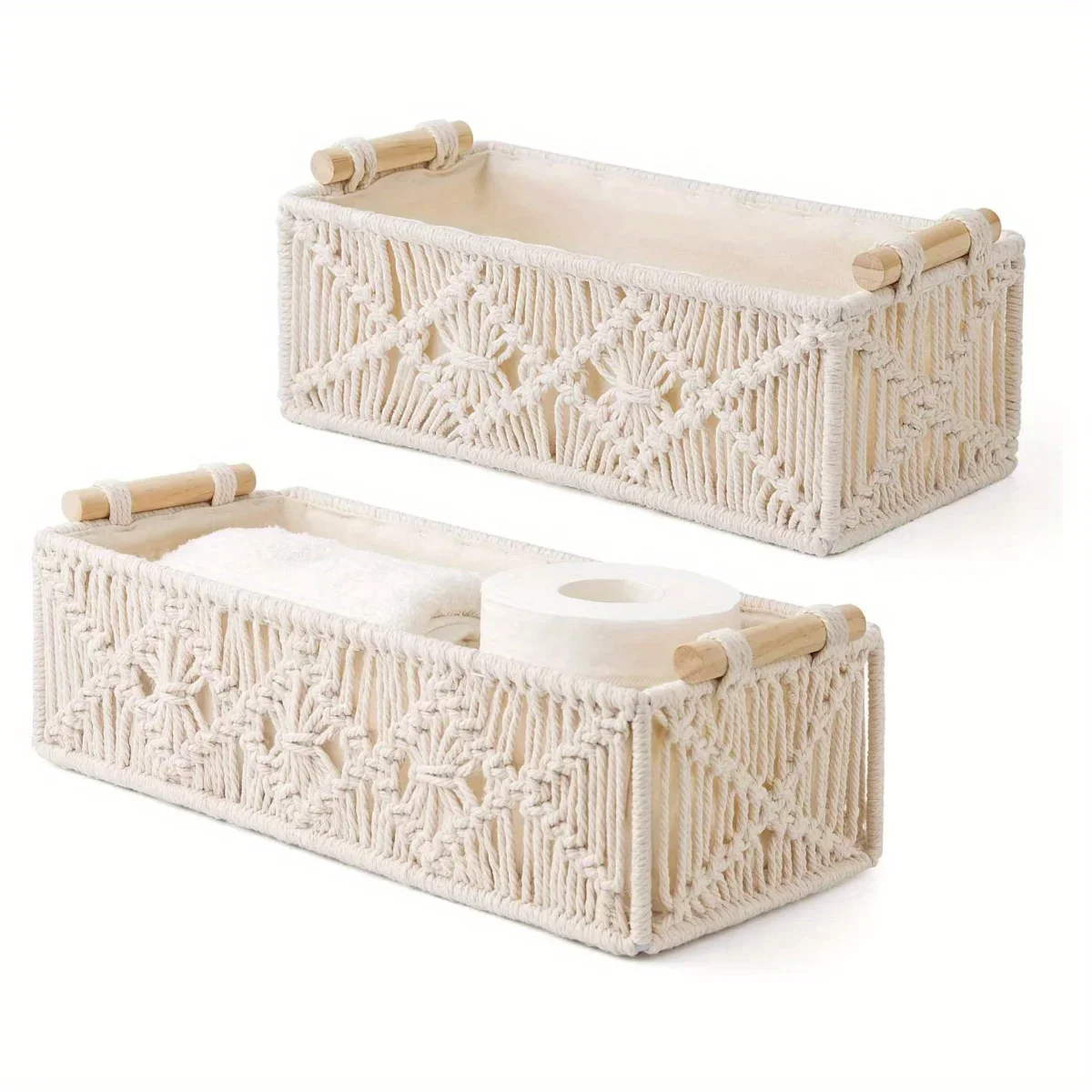 2pcs Boho Decor Storage Basket, Handmade Woven Decorative Countertop Toilet Shelf, Cabinet Organizer Box For Bathroom