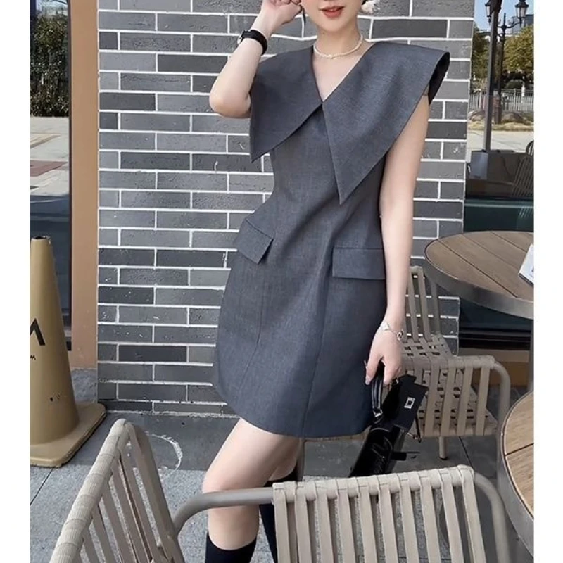 

2026 summer new fashion temperament gray large lapel sleeveless waist dress women's clothing