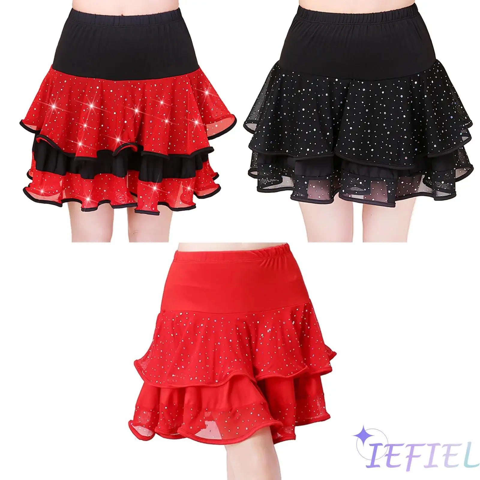 Falda latina para mujer estilo español lentejuelas brillantes cintura alta dobladillo con volantes falda de baile oscilante de loto Chacha Salsa danza española