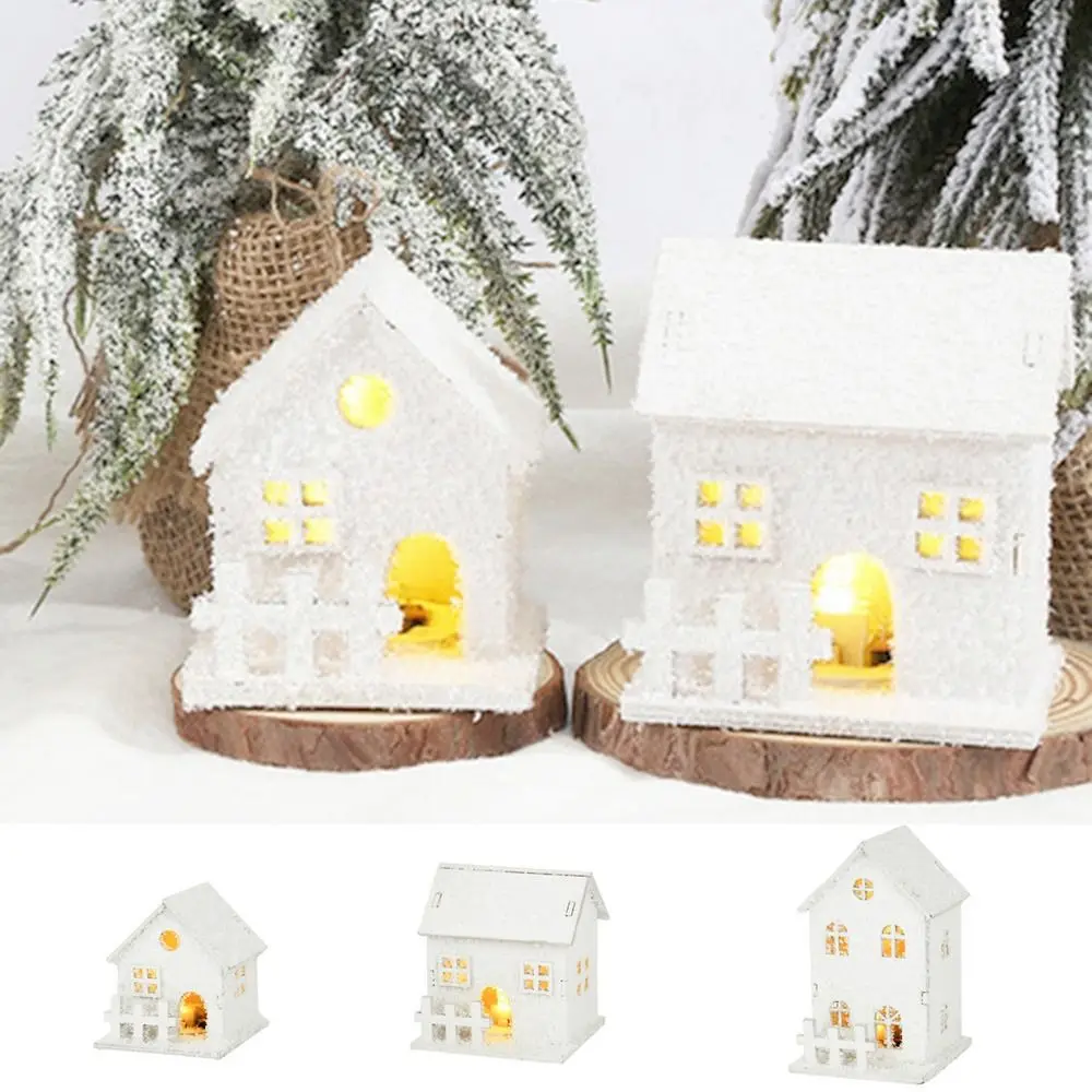 

Ornament Mini Christmas LED Light Wooden House Luminous with Snowflake Glowing Castle White Desktop