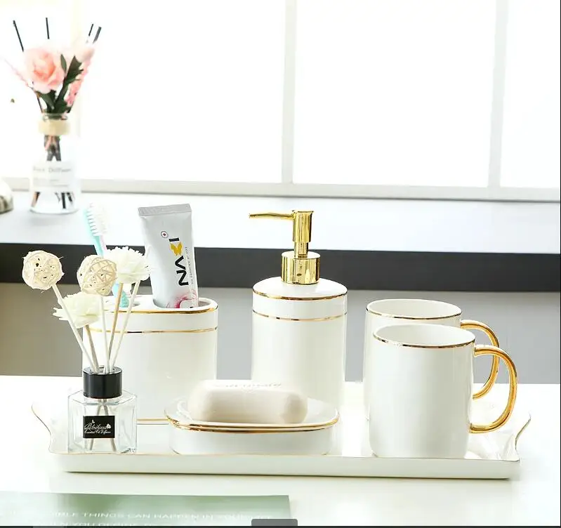 Bathroom Set with Tray Golden Stripes Ceramic Shower Gel Bottle Hand Washing Fluid Soap Dishes Mouthwash Cup Toiletries