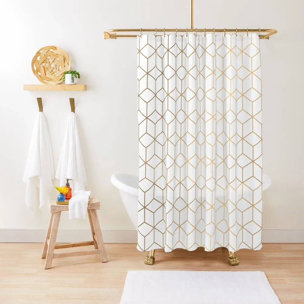 

Gold Geometric Pattern on White Background Shower Curtain Shower Bath Toilet Accessories Bathroom Curtain