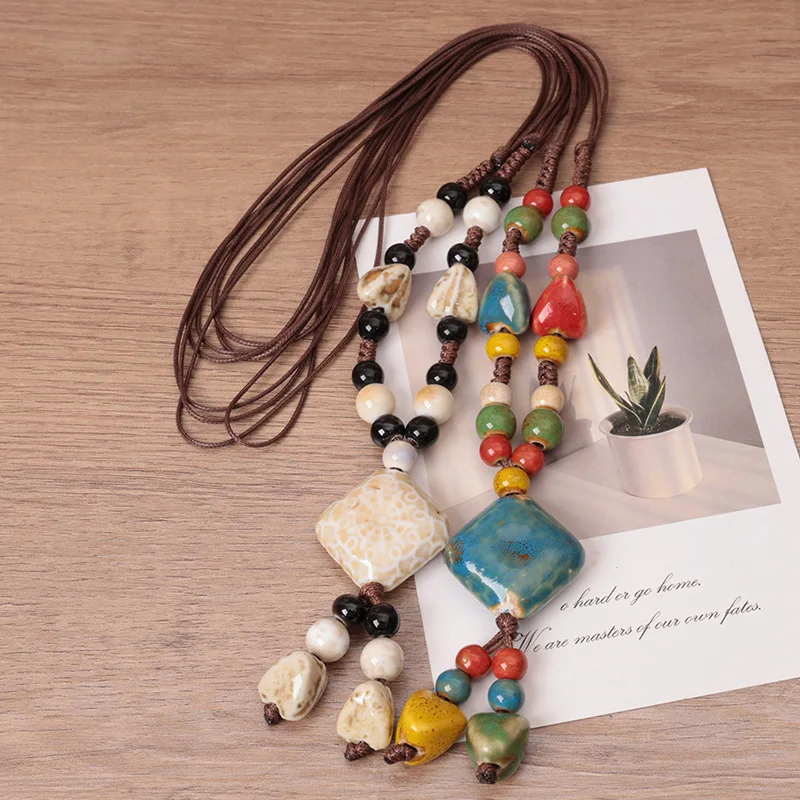 Fashion Versatile Retro Artistic Ceramic Necklace for Women Bohemian Long Geometric Sweater Chain Simple Elegant Accessory，Perfe