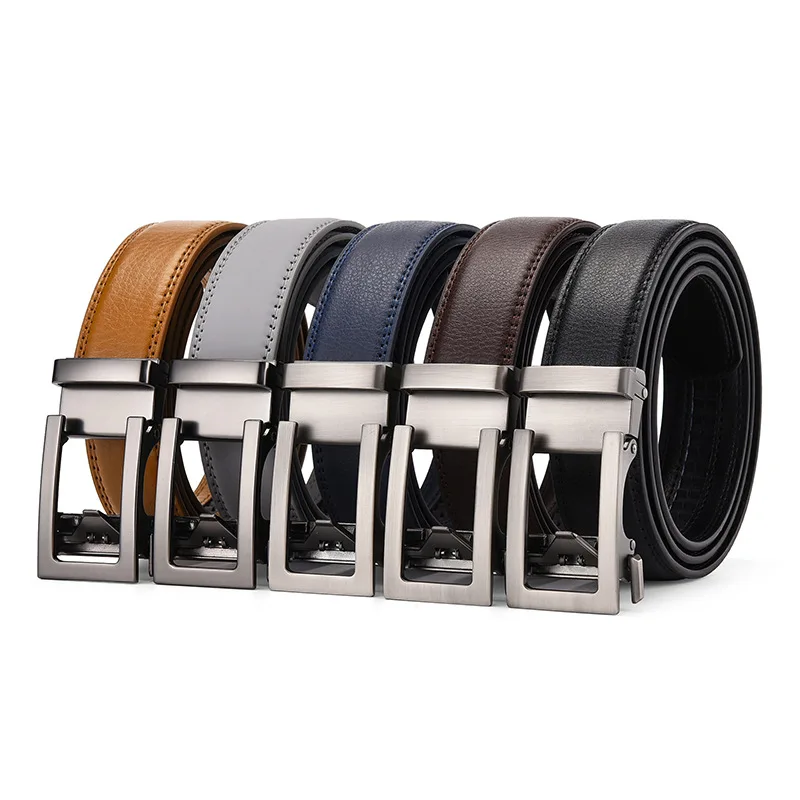 Men Automatic Buckle Belt Two-layer Cowhide Gray Belt Solid Color Straight Belt European And American Trend Pasek Męski Skórzany