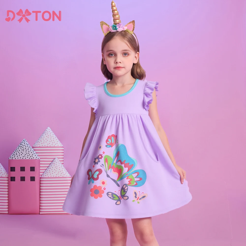 

DXTON Children Daily Dress Ruffles Sleeveless Cotton Girls Dress with Pocket Butterflies Summer Vacation Kids Casual Dress 3-10Y