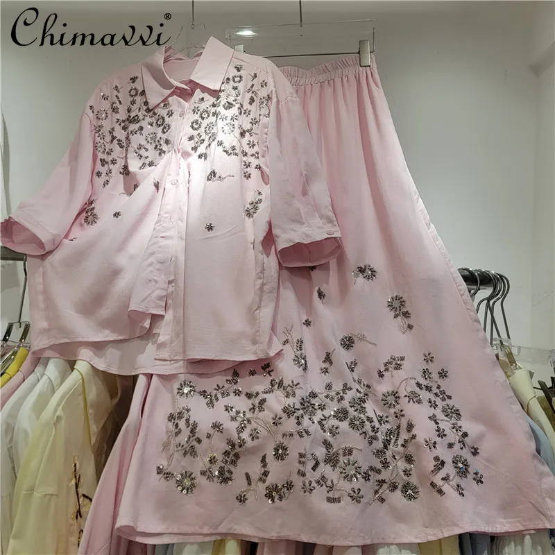 

Spring and Summer 2026 New Heavy Beaded Short-sleeve Shirt and Midi Skirt Set Fashion Women's Casual Two-piece Outfit