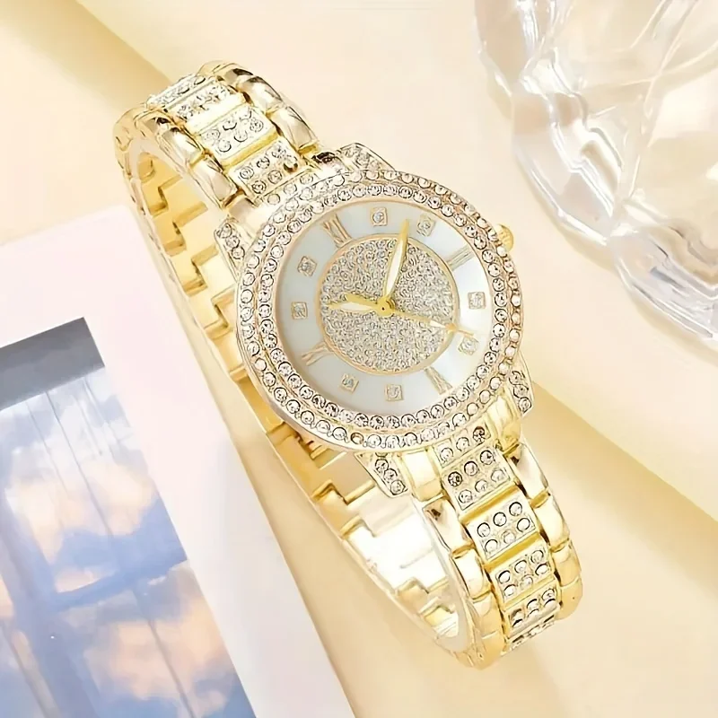 6pcs/set Women\'s Watch Luxury Rhinestone Quartz Watch Analog Stainless Steel Wrist Watch & Jewelry Set, Gift For Mom Her