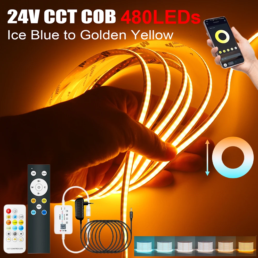2200K to 8000K Dimmable CCT COB LED Strip Light Bright Flex Tape 17Key 12key Bluetooth Remote EU/US/UK/AU Power Kit 24V 480LED/m