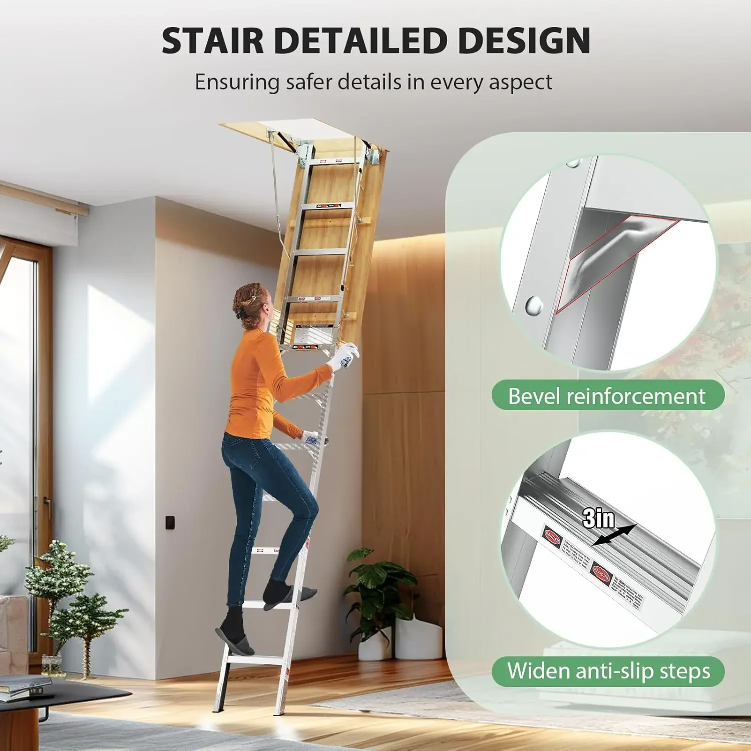 Foot Aluminum Attic Ladder Pull Down System for 54" W x 22.5" H Opening, Attic Access Ladder Drop Down Hidden Attic Stairs, 3