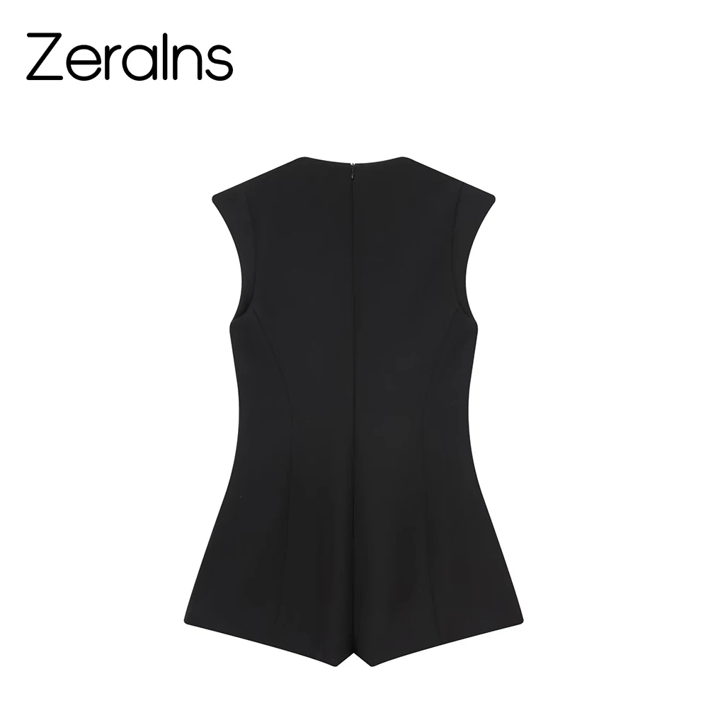 

ZERAINS, новый зимний женский короткий комбинезон с круглым вырезом и короткими рукавами, контрастные ювелирные изделия, украшение на пуговицах