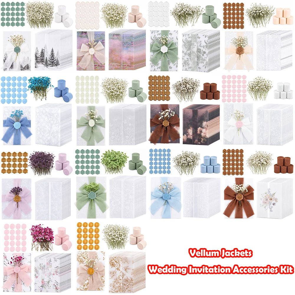 Vellum Jacket Wedding Invitation Accessory Kit Dried Flowers Ribbon Wax Seal Stickers for Diy Wedding Envelope Decoration