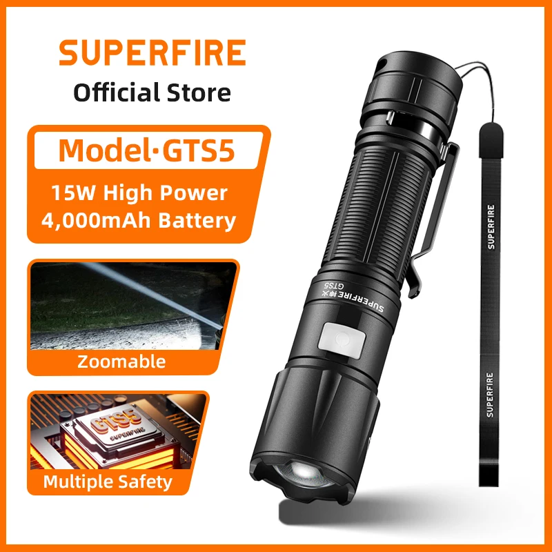 SUPERFIRE GTS5 Zoom Flashlight Type-C Charging Portable Torch Aluminum Alloy Adjustable Beam Bright for Camping Emergency EDC