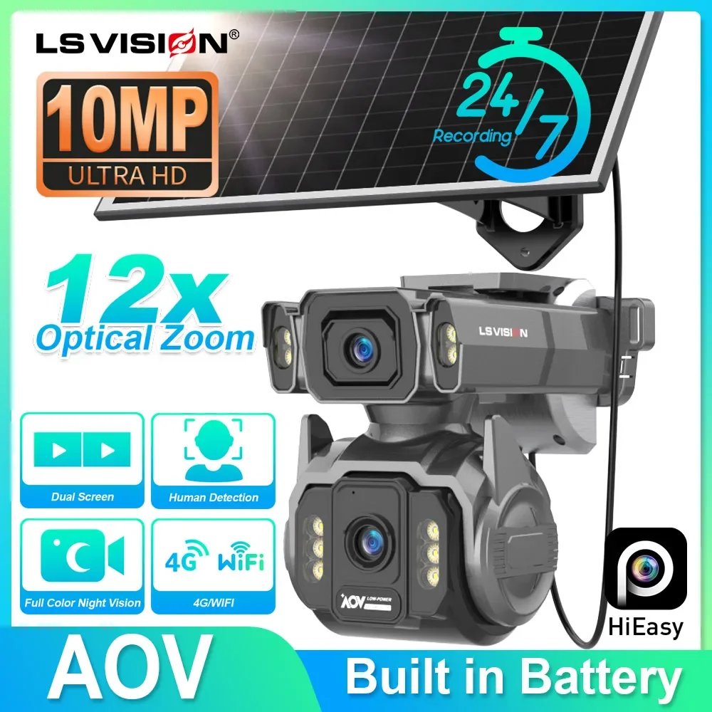 LS VISION AOV AI Tracking Outdoor Surveillance Camera 12X Optical Zoom Cctv WIFi or 4G Cloud SIM Dual Screen  24/7 Video RecordI