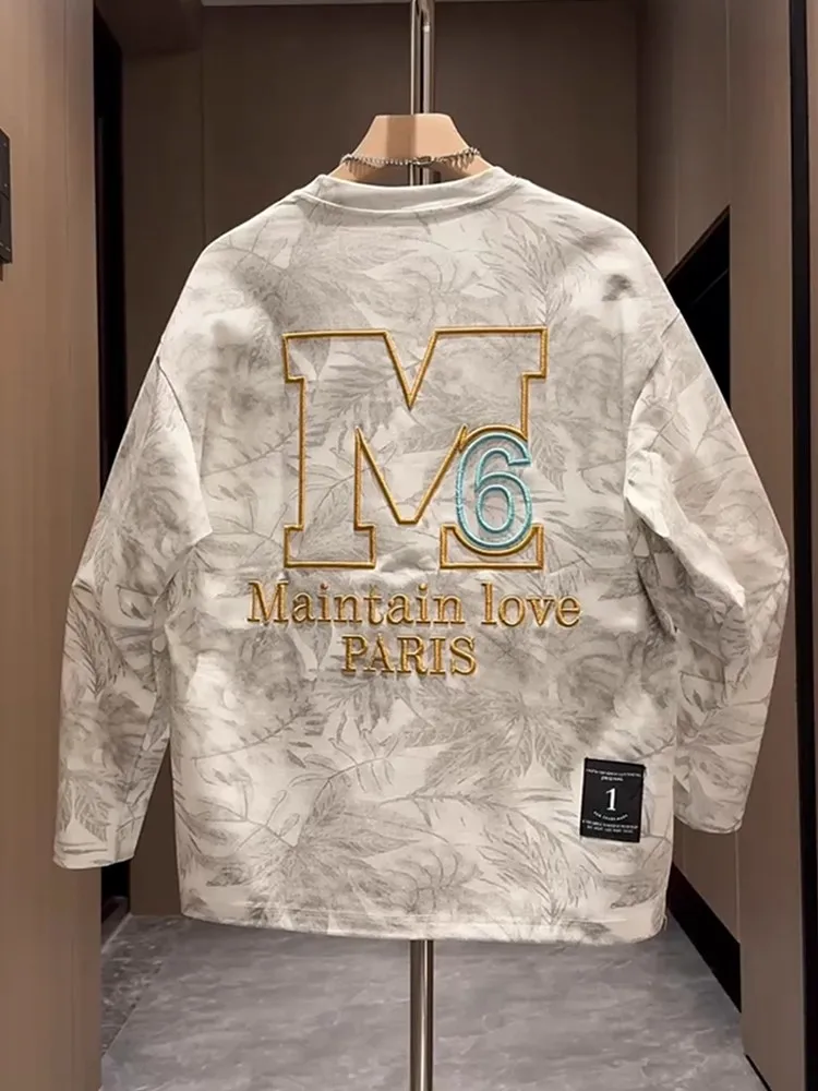 Men's Autumn Thin Long Sve Sweatirt Loose Heavy Embroidery American Retro Sle Casual Comfortable Polyester T-irt