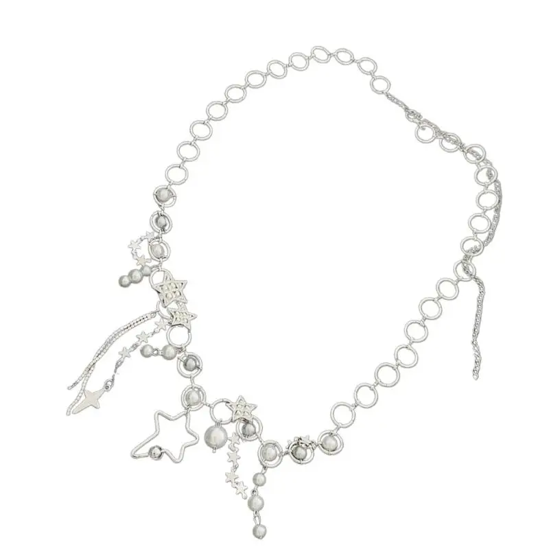 652F Adjustable Metal Waist Chain Body Chain Jewelry with Rotating Star Pendant and Cascading Fringed Ornament