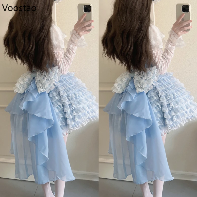 Süße Lolita Prinzessin Jsk Kleid Frauen Harajuku Kawaii Spitze Rüschen Mesh Kuchen Kleider Band niedlichen Trail ing Abend Party Vestidos