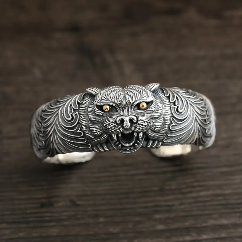 

S925 Sterling Silver Retro Thai Silver Worn Bracelet Silver Jewelry Men's Trendy Dominant Tiger Head Classic Fashion Bracelet