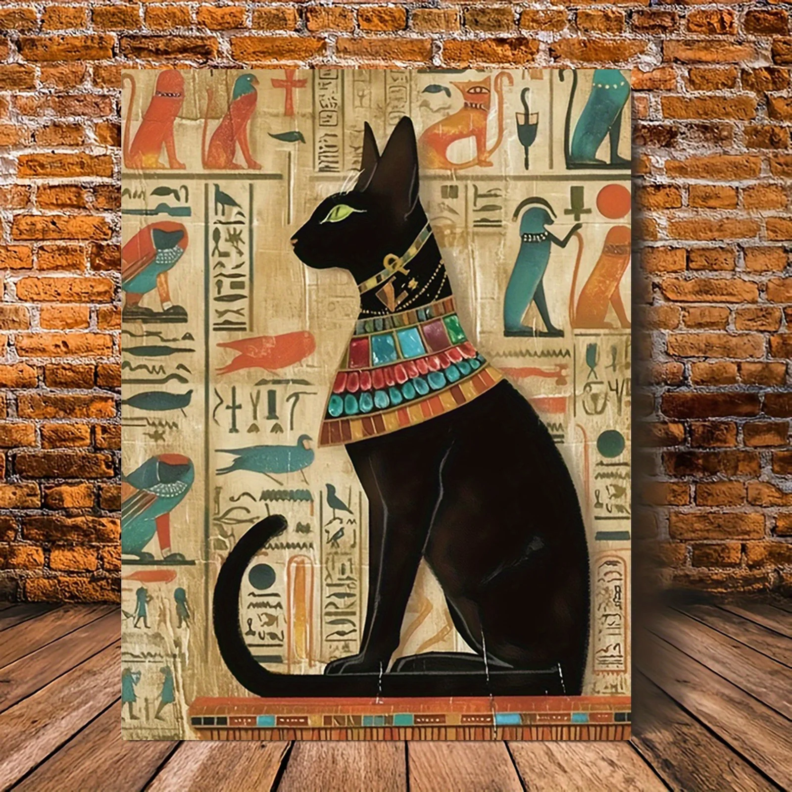 Egyptian Hieroglyphics Black Cat Canvas Print, Frameless Wall Art Poster, , Charming Cat Canvas Wall Decor with Egyptian Symbol