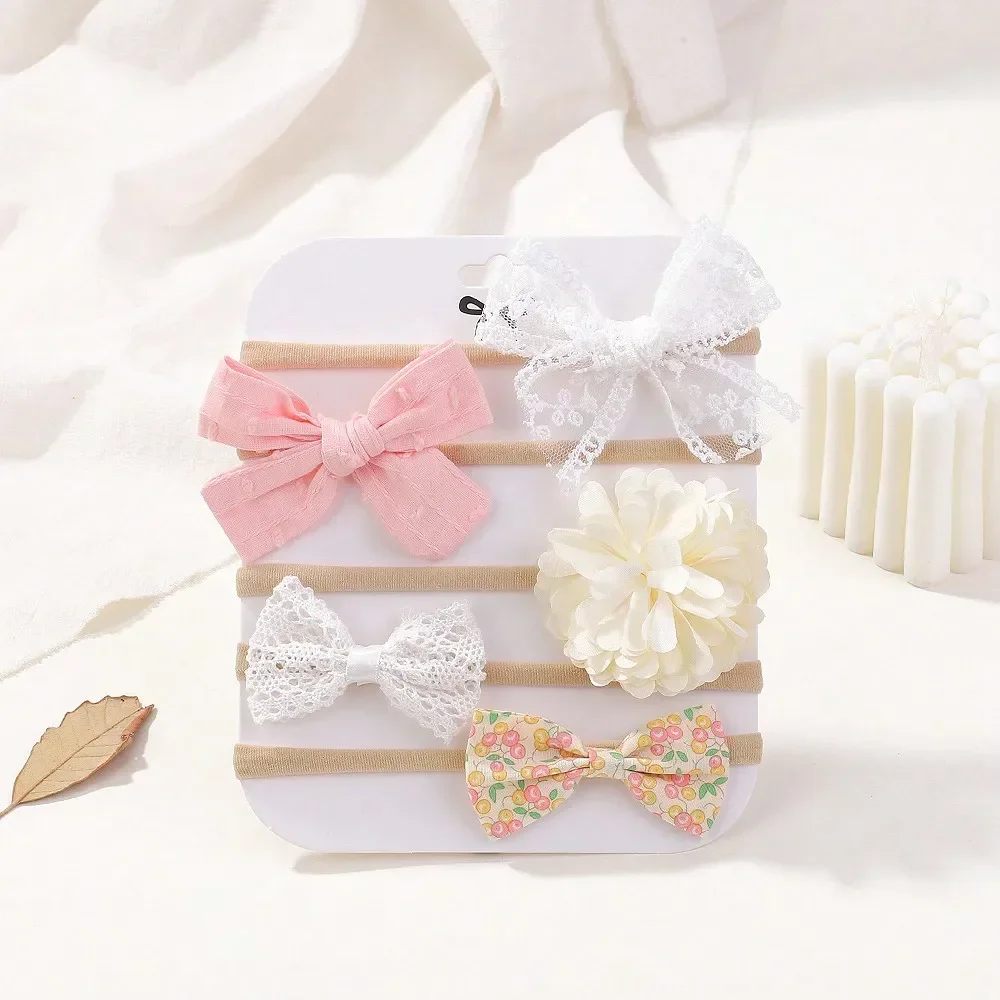 5 pièces/ensemble bébé bandeau élastique nouveau-né fleur dentelle nœud papillon en Nylon bandes de cheveux pour filles infantile enfant en bas âge doux cheveux accessoires cadeau