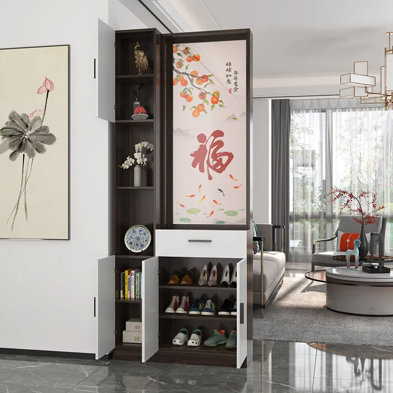 High-end screen partition shelves into the living room solid wood facing the door, modern and simple entrance cabinet integrated