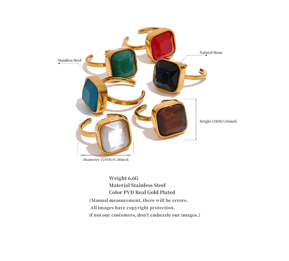 Yhpup Bunter Opal Natürlicher Katzenauge Stein Edelstahl Quadratischer Offener Ring Hochwertiger Rostfrei Goldfarbener Fingerschmuck – Detail 1