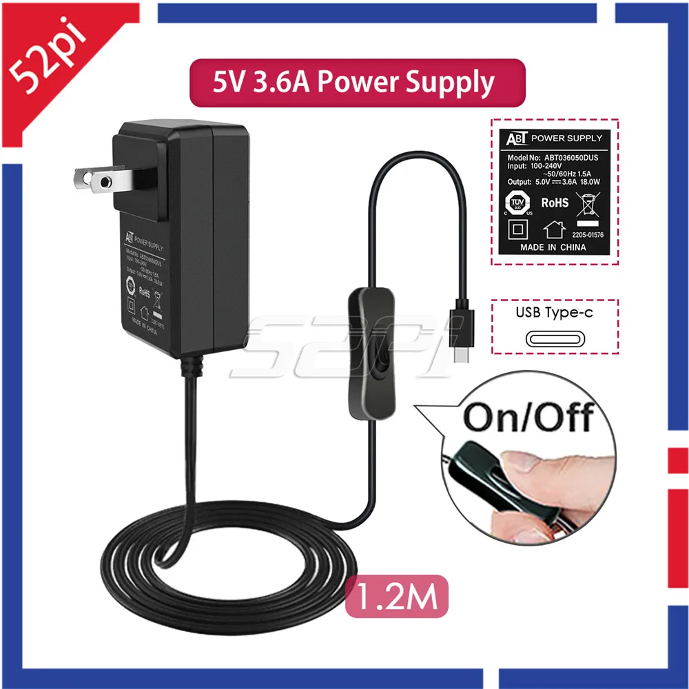 

52Pi 5V 3.6A Power Supply Adapter With Switch-on/off Cable EU / US / UK Plug Charger For Raspberry Pi 4B / 3B / 3B+/3B Plus