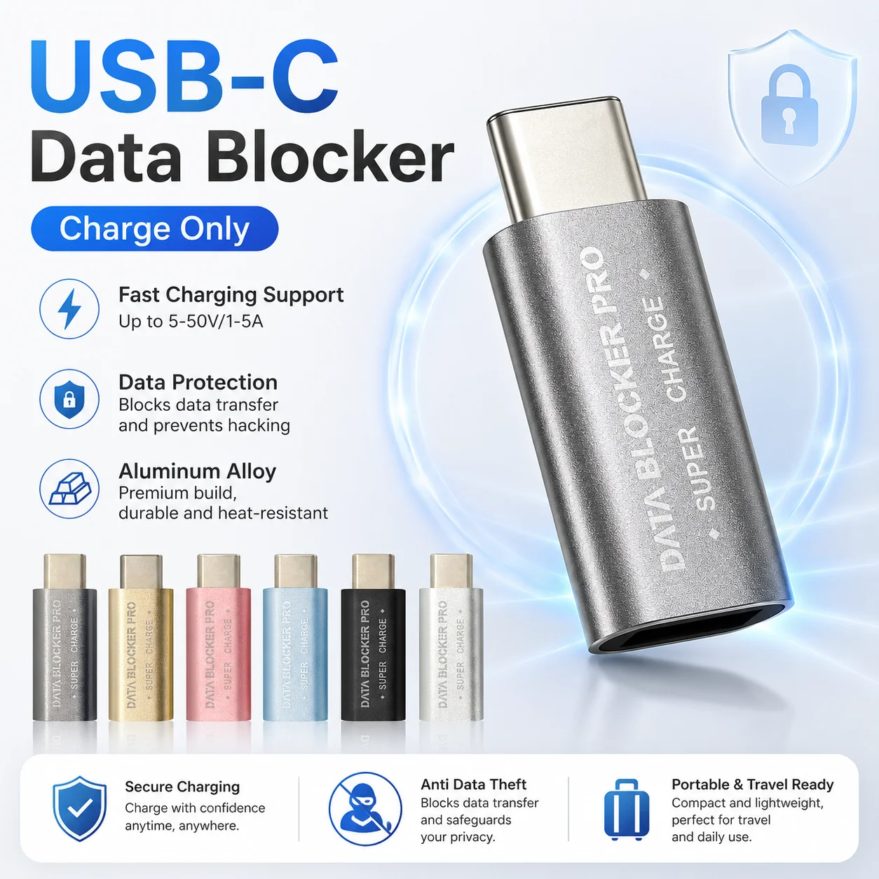 USB C Data Blocker Charge Only Adapter Type C Fast Charging Data Protection Anti Theft Aluminum Alloy Privacy Security Adapter