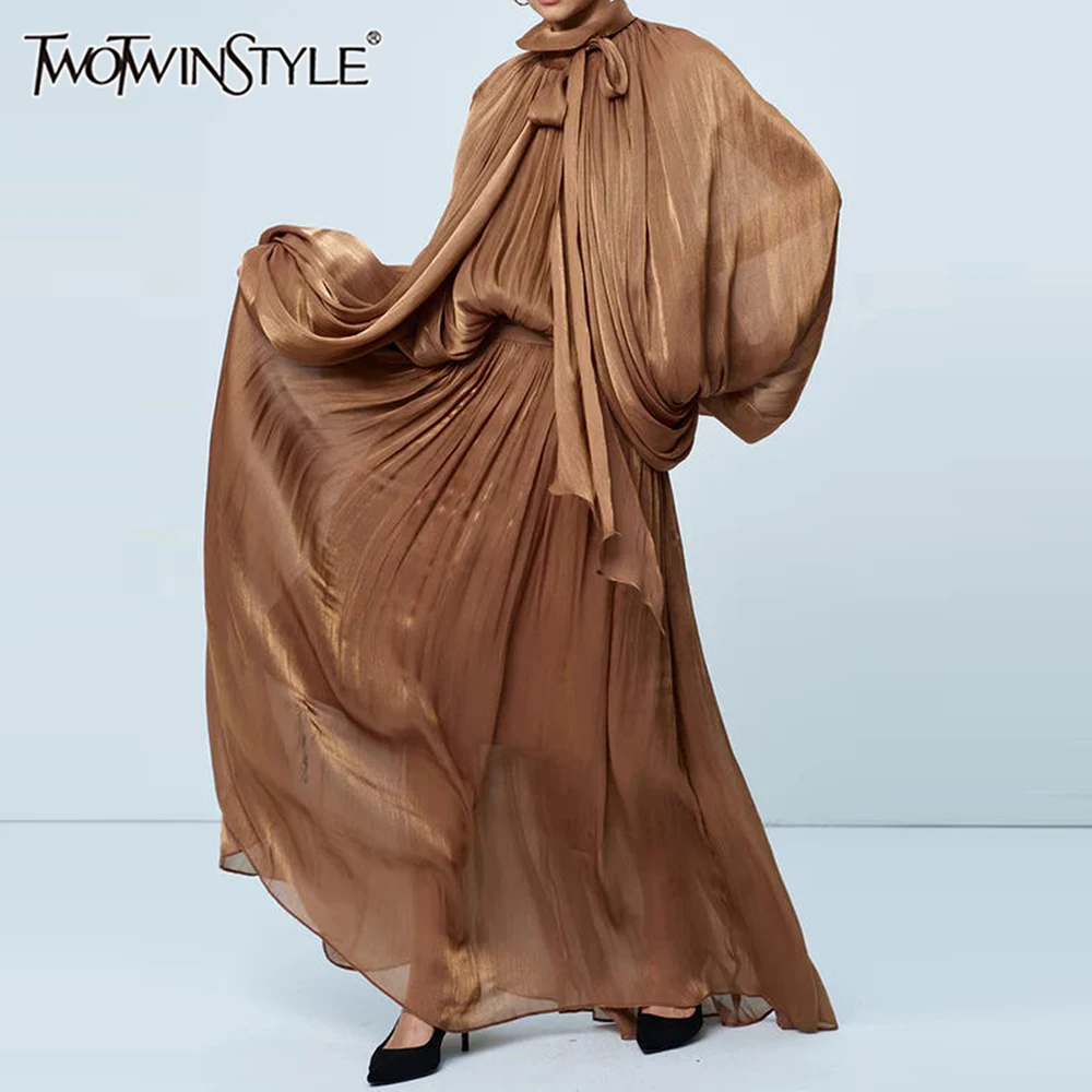 TWOTWINSTYLE Solid Loose Fashion Midi Dresses for Women Round Neck Long Sleeves Patchwork Folds Tunic Temperament Dress Female