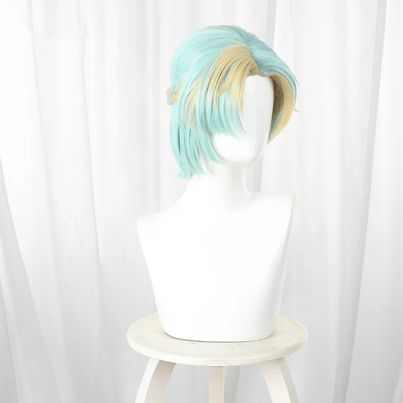 Game Yuri Cosplay Wig Yuri Light cyan wig with pale yellow highlights Short Cosplay Hair For Comicon Party Adult Women Men