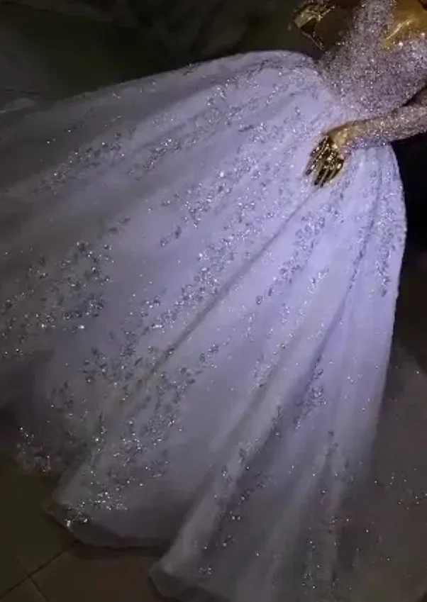 Customized Sparkly Scoop Neckline Princess Heavy Beads Crystals Wedding Dresses Sweep Train Ballgown Long Sleeves Puffy Bridal
