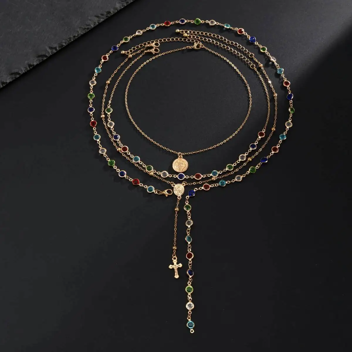 SHIXIN 4 Pcs/Set Hip Hop Colourful Crystal Tassel Necklace for Men Goth Geometric Jesus Cross Pendant Necklace Street Jewelry
