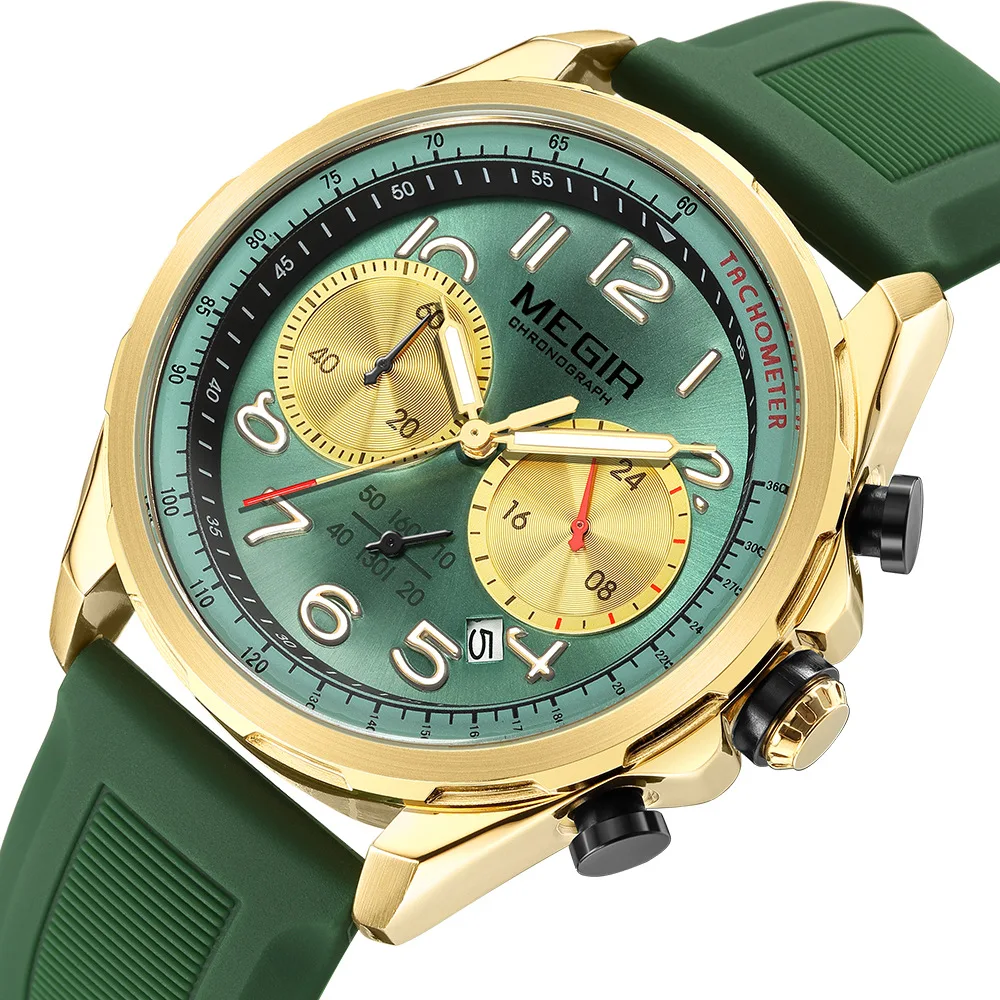 

MEGIR 2230 Quartz Watch Olive Green Creative Sports Date Chronograph Analog Display Silicone Strap Wrist Watches for Men