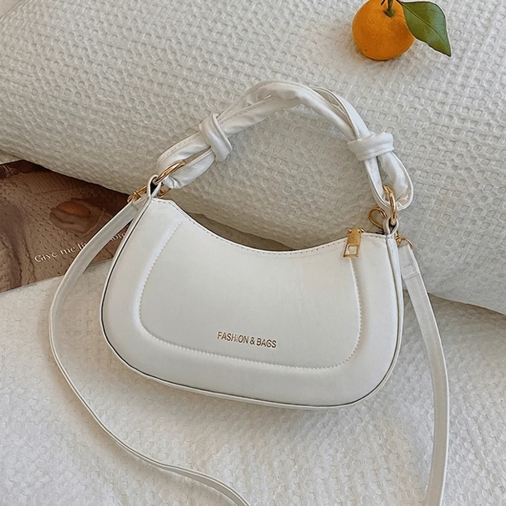 Korean Style PU Knotted Handle Crossbody Bag Pleated Polyester Lining Underarm Bag Solid Color Zipper Closure Hobo Bag Daily Use