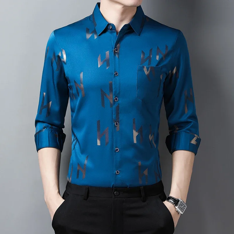 New Men\'s Casual Printed Long Sleeved Lapel Shirt for Spring and Autumn Fashion Comfortable Wrinkle Free Top Without Ironing