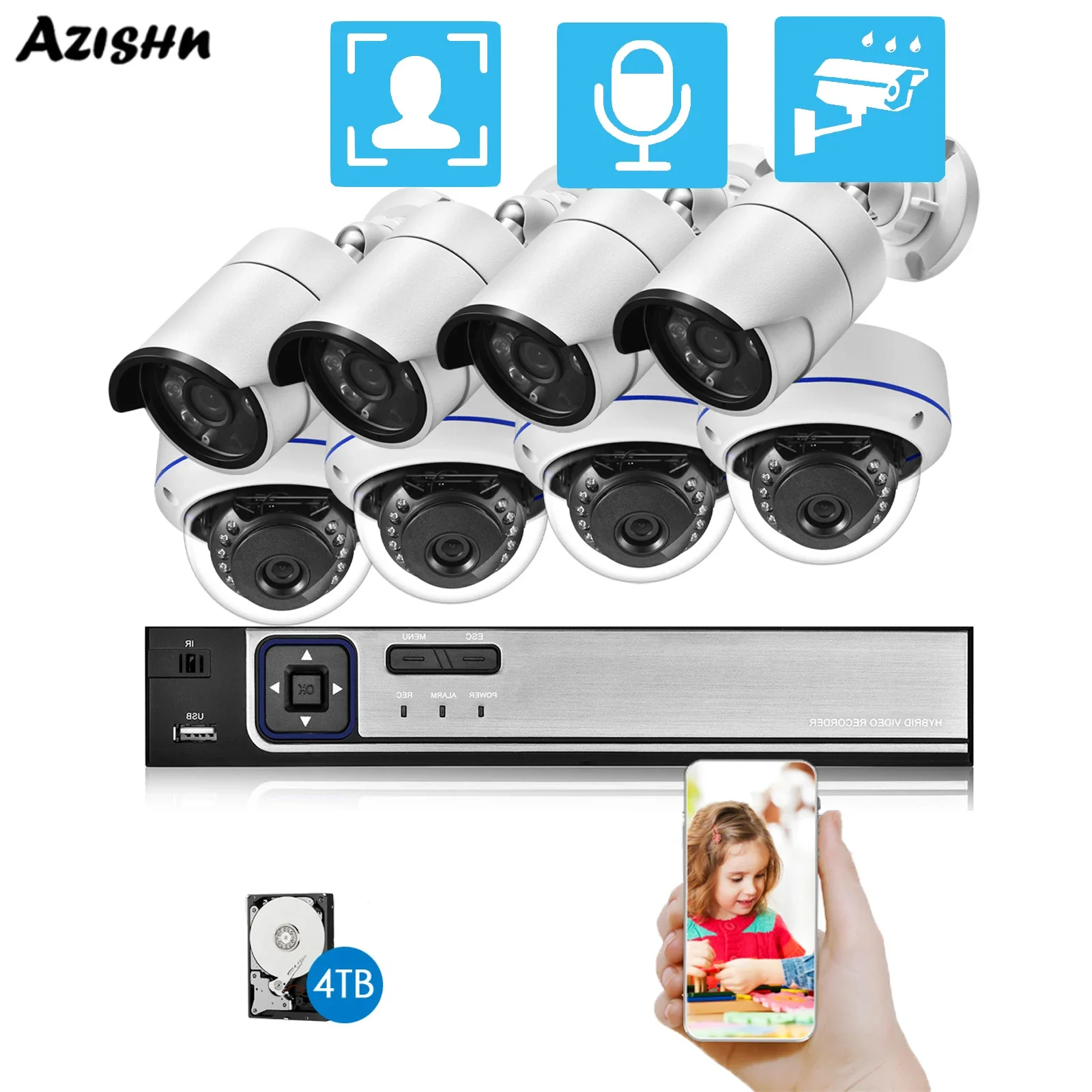 

AZISHN 8CH Outdoor Recording 3.6mm CCTV Video Surveillance Kit Face Detection Security Camera