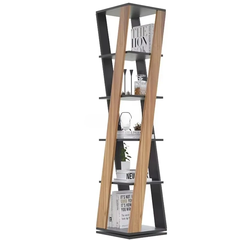 Home Wooden Bookshelf Simple Modern Rotating Storage Display Stand Space-saving Furniture for Living Room or Hotel