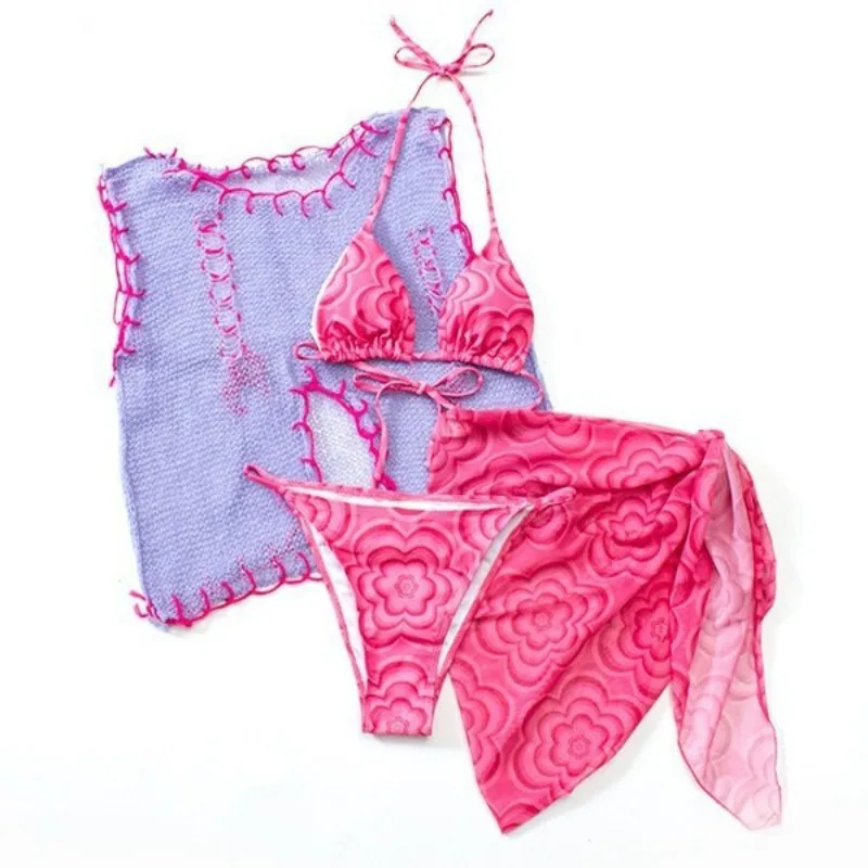 New Style Korean Women's Bikini,Stylish Fresh Three-Piece Coquettish Vibe Knit Cover-Up Swimwear for Beach Vacation Photo Shoots