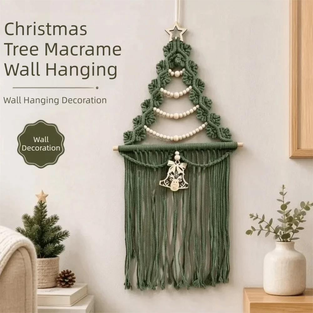 Wood Beads Christmas Tree Macrame Tapestry Woven Art Wall Hanging Pendant Aesthetic Decorative Xmas Wall Decor Gift