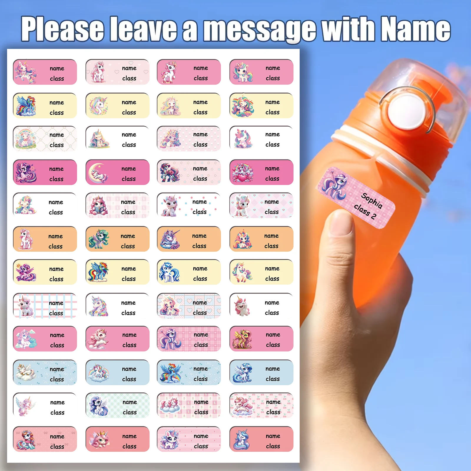 

Personalized Label Stickers for girls,Custom unicorn Name Stickers for Water Bottles/Children's school Stationery,Waterproof