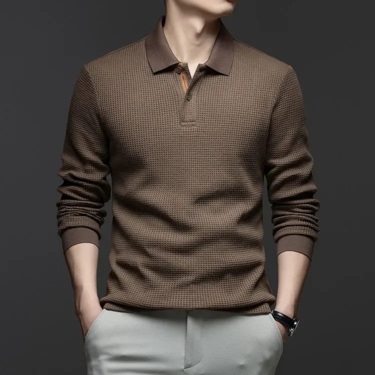 Langarm-Poloshirt aus Waffelstrick – Weiche Baumwollmischung, Slim Fit, Lässiges Business-Oberteil für Herbst und Winter, Mehrfarbig – Detail 23