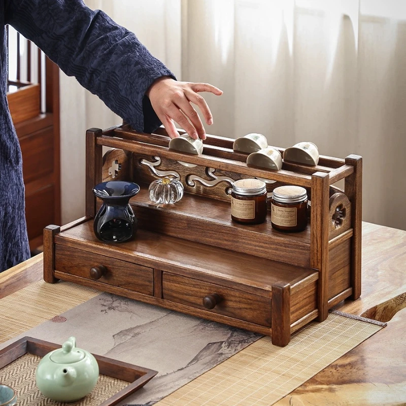 Wooden Teacup Holder Tea Accessory Organizer Chinese Pokou Shelf Tea Table Desk Storage Box Solid Wooden Shelf