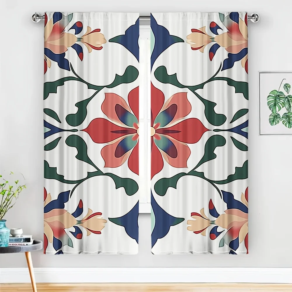 2pcs Islamic Geometric Curtains No Rod Flat Vector Red Blue Green Blackout for Living Room Bedroom Door Window Modern Decor