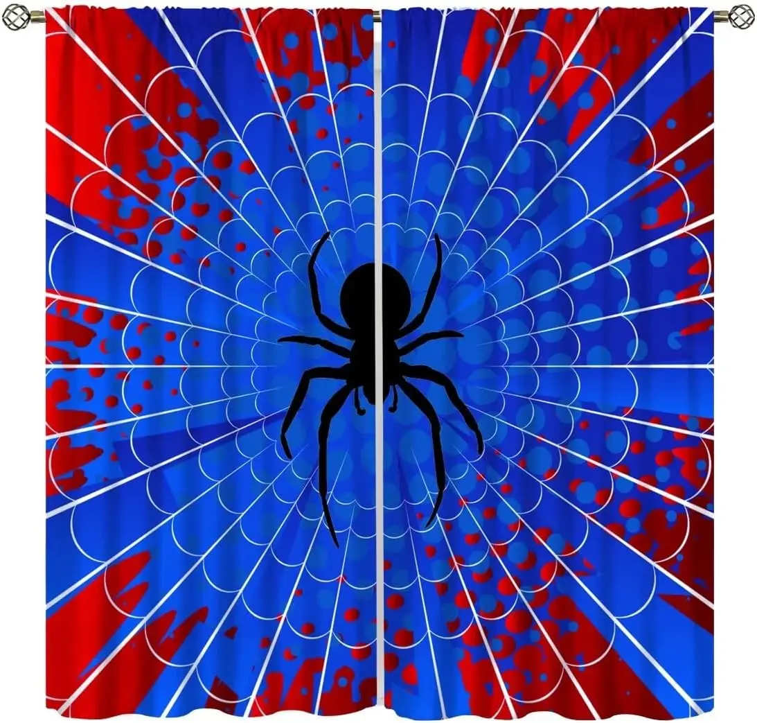 Superhero Spider Web Curtains,Blue Red Window Treatments for Kids Boy Bedroom Office Study Halloween Theme Spider Print 2 Panel