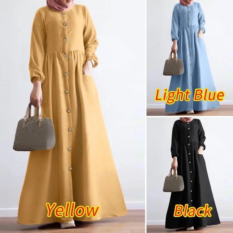 

Yellow Black Blue Abaya Muslim Dress for Women Dubai Long Sleeve Robes Lady Elegant Party Dresses Kaftan Turkey Islamic Clothing