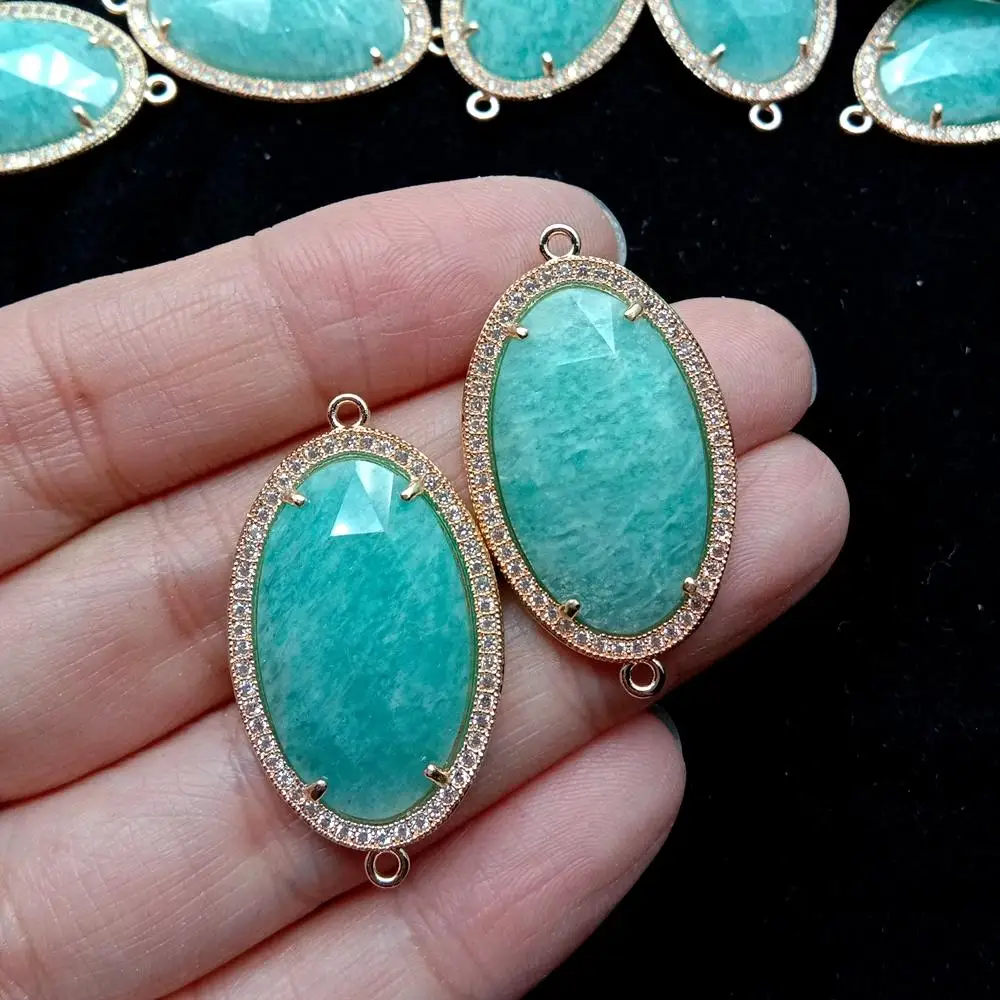 3 PCS Natural Oval Faceted Amazonite Cz Pave Gold Plated Edge Double Bail Connector For Jewelry Making DIY
